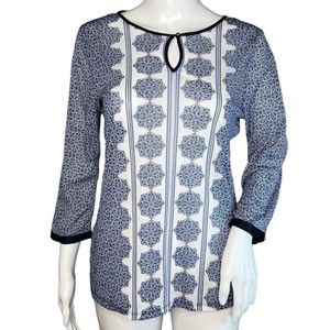 The Limited Shirt Women Small Blue White Geometric Sheer Blouse Peasant Bohemian